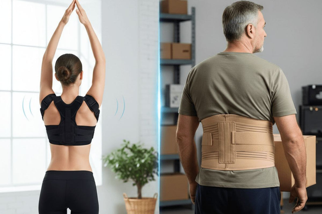 Woman and Man wearing a postor corrector and back brace