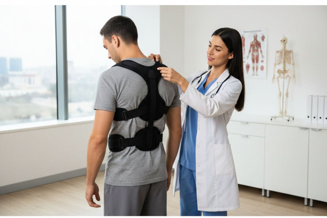 doctor fixing a posture corrector on a patient in a room