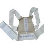 Beige back brace with white straps on a white background