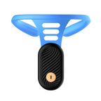 Black and blue device with a circular component on a white background