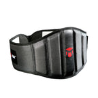 Black waist support belt with red logo on a white background
