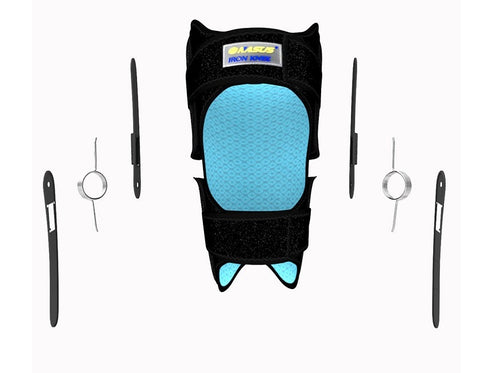 Black and blue knee pad with tools on a white background
