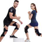 Two people wearing knee braces on a white background