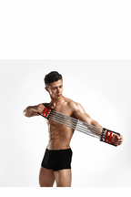 Man using a fitness tool with text highlighting its functions on a white background