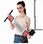 Woman holding a large toy gun with a white background