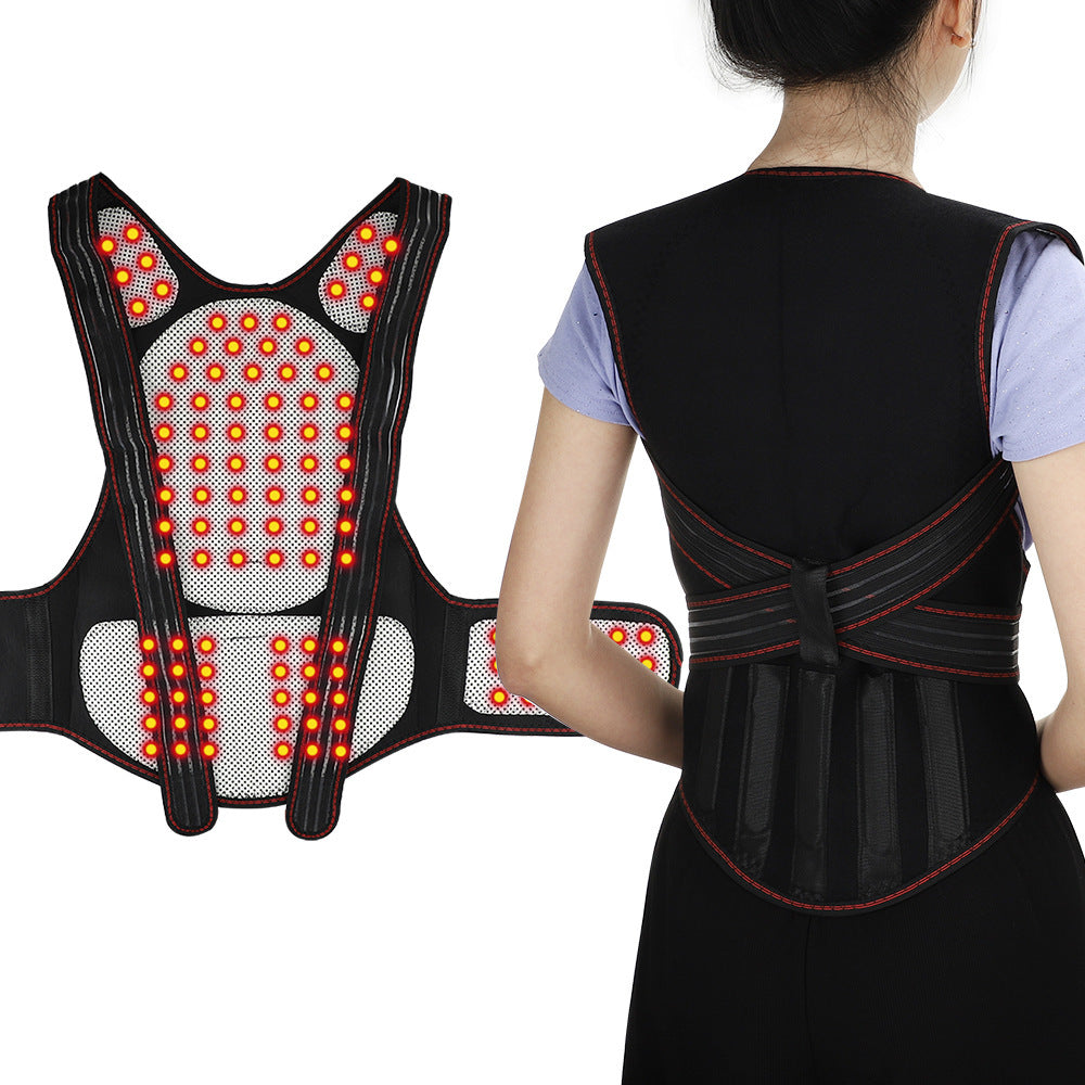 Back brace with LED lights worn by a person on a white background