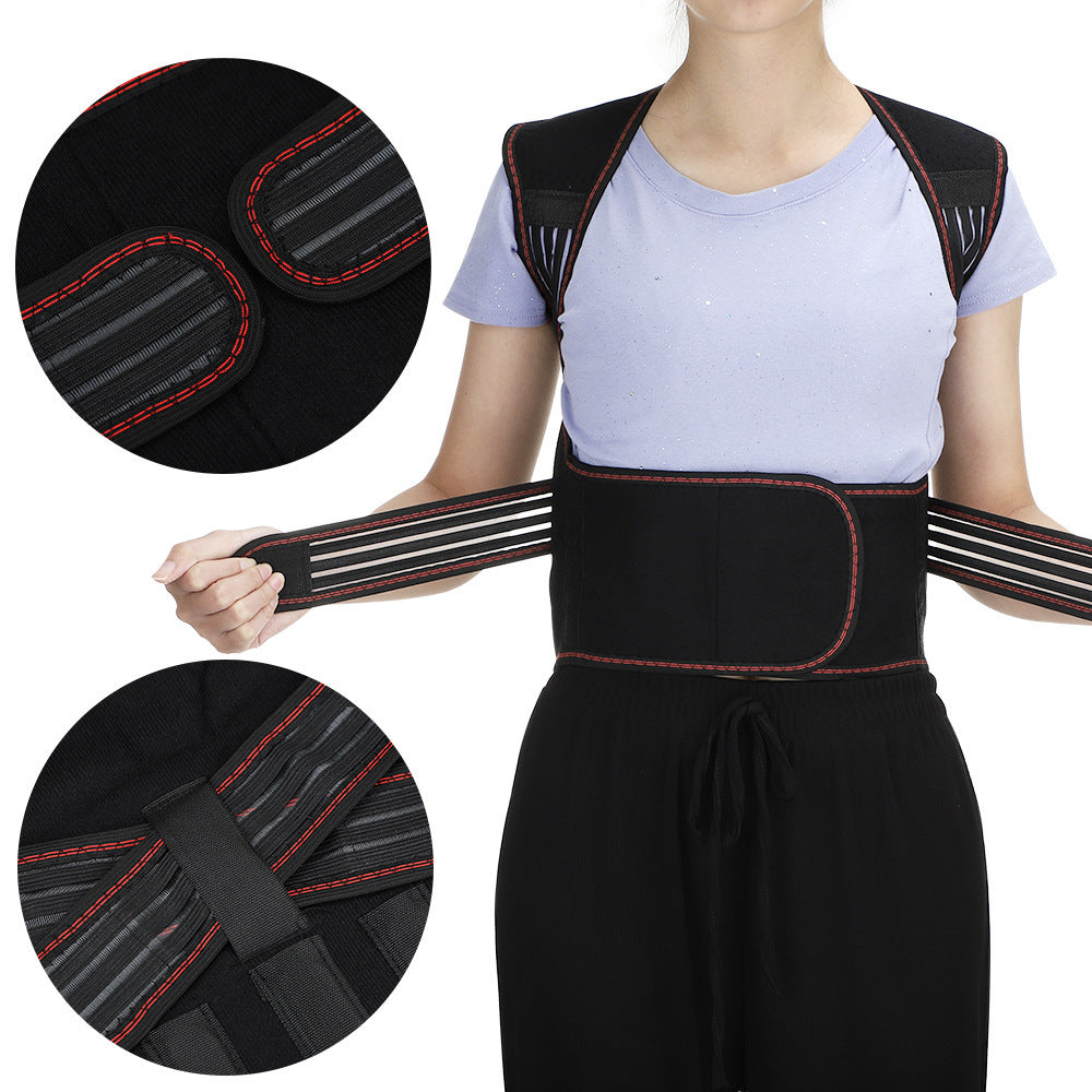 Person wearing a black posture corrector with close-up details on a white background