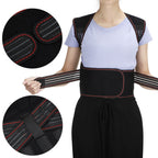Person wearing a black posture corrector with close-up details on a white background