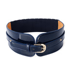 Navy blue belt with a gold buckle on a white background