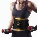 Woman wearing a black waist trainer with red dumbbells on a white background