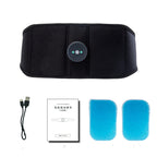 Black massage belt with blue pads, USB cable, and user manual on a white background