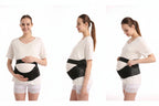 Woman wearing a black maternity belt with additional images of the belt on a white background.