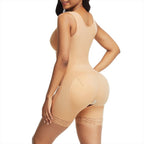 Beige shapewear worn by a model on a white background