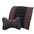 Black and red patterned car headrest and backrest cushion on a white background