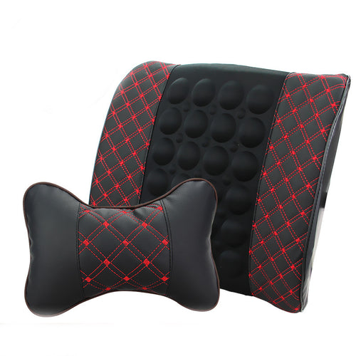 Black and red patterned car headrest and backrest cushion on a white background