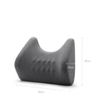 Gray neck pillow with measurements on a white background