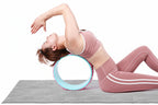 Person using a yoga wheel on a mat with a light blue wall in the background