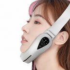 Woman wearing a face sculpting device with text on a white background