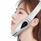 Woman wearing a white facial massager with pink background and feature icons.