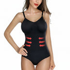 Woman wearing a black shapewear garment with text 'Control Flabby Tummy' on a pink background