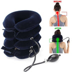 Neck pillow with pump for neck pain relief, showing before and after effects on a white background.