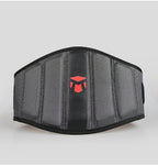 Black mesh back support with red logo on a gray background