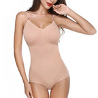 Beige bodysuit worn by a model on a white background