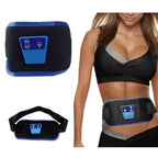 Electrical muscle stimulator belt with blue display and black casing, shown on a person.