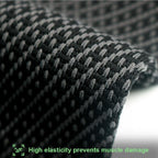 Close-up of textured black and gray fabric with 'High elasticity prevents muscle damage' text.
