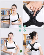 Collage of a woman wearing a black posture corrector with close-up details.