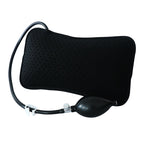 Black inflatable pillow with a pump on a white background