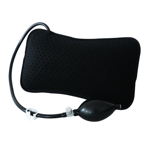 Black inflatable pillow with a pump on a white background