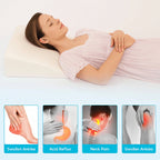 Woman lying on a pillow with medical benefits text and images below.