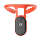 Red and black device with digital display on a white background