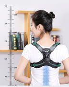 Person wearing a back brace with a height measurement chart in the background