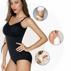 Woman wearing a black bodysuit with text indicating benefits on a white background