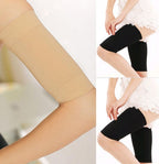 Collage of compression sleeves in beige and black on different body parts.