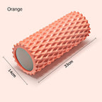 Orange foam roller with measurements on a beige background