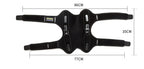 Black protective gear with measurements on a white background