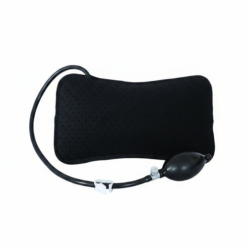Black inflatable pressurized airbag with pump on a white background