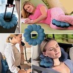Collage of a blue travel pillow used in various settings such as car, office, and home.