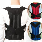 Black posture corrector worn by a person, with inset images of red and blue versions.