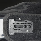 Close-up of a adjustable three-point harness system with text and arrows indicating features.