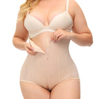 Beige shapewear being worn by a model on a white background