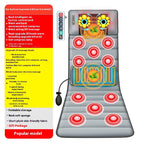 Massage mat with red buttons and a detailed feature list on a white background