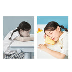 Two images showing a child with a sad expression and another child using a yellow fruit-shaped pillow.