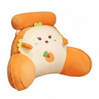 Cute cartoonish carrot-shaped pillow with a face on a wooden surface.