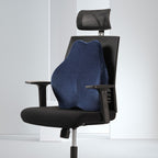 Black office chair with a blue backrest cushion on a white background