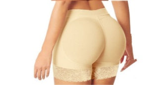 Beige shapewear with lace trim on a white background
