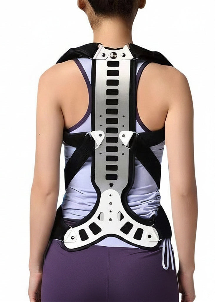 Person wearing an orthopedic back posture corrector with promotional text on a light gray background